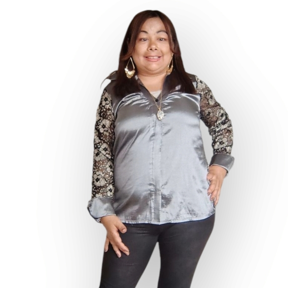 Laura Medium Elegant Gray and Black Lace Women's Top - Picture 2 of 8